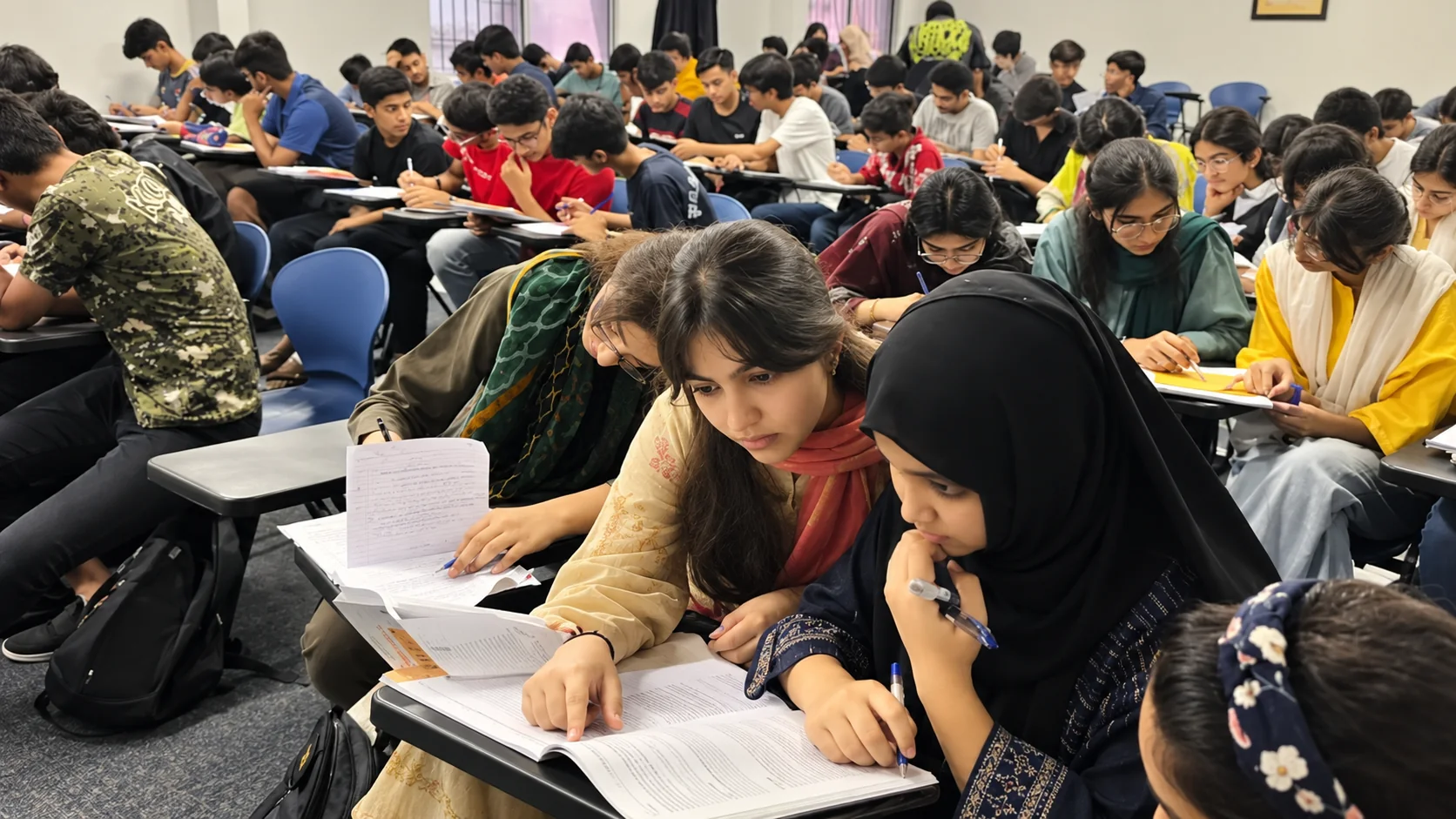 Students discussing their notes and working together in class