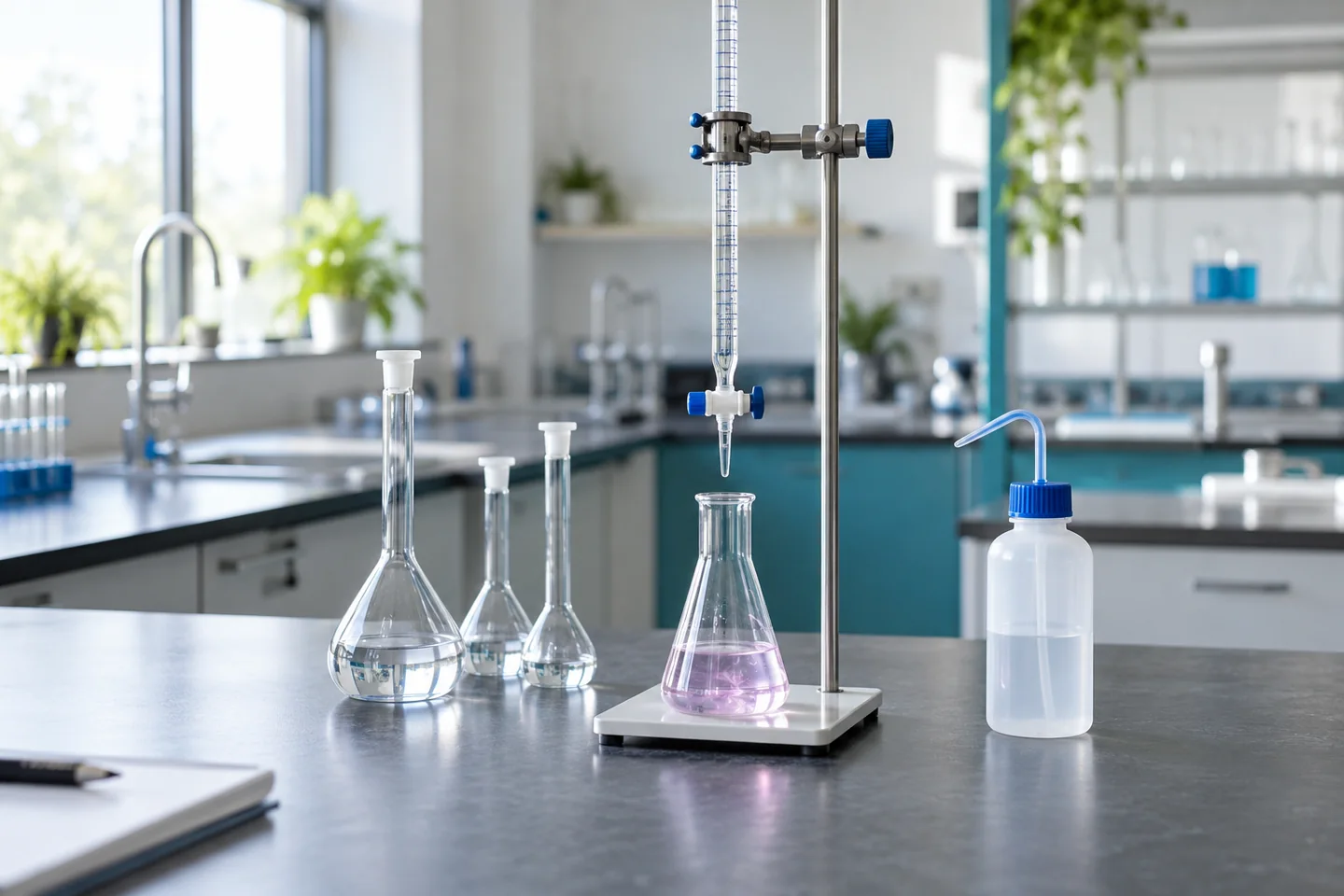 Illustrative chemistry lab with a burette, conical flask and neatly arranged glassware.